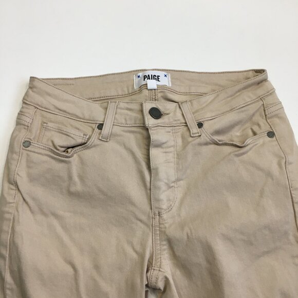 PAIGE 5 Pocket Oak Sand Destructed KYLIE Crop Raw Fray Hem Distressed Jeans - Picture 5 of 14